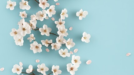 Soft pink cherry blossoms float against a pale blue backdrop, creating a serene atmosphere ideal for various designs SEAMLESS PATTERN