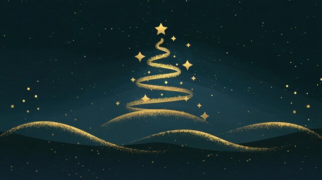 A stylized Christmas tree in the form of a golden spiral rises against the dark blue night sky, decorated with stars and twinkling particles.