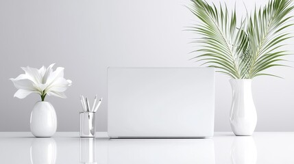 Minimalist white office desk, laptop, plants