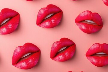 Obraz premium Vibrant Red Lips on Soft Pink Background Perfect for Fashion and Beauty Themes