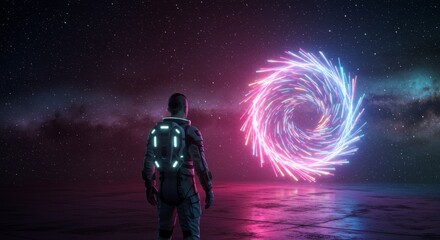 Fototapeta premium Astronaut Facing Cosmic Portal - A lone astronaut in a futuristic spacesuit stands before a swirling, neon-colored portal in space