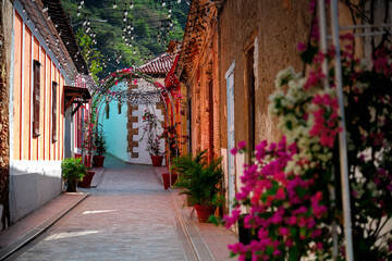 A narrow street in the old town of La Guaira in Venezuela.Colored houses and a narrow cobbled street with flowered entrances, Latin America.