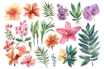 Colorful Tropical Flowers and Leaves Collection for Vibrant Botanical Art and Design