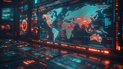 Obraz premium Futuristic global surveillance displays