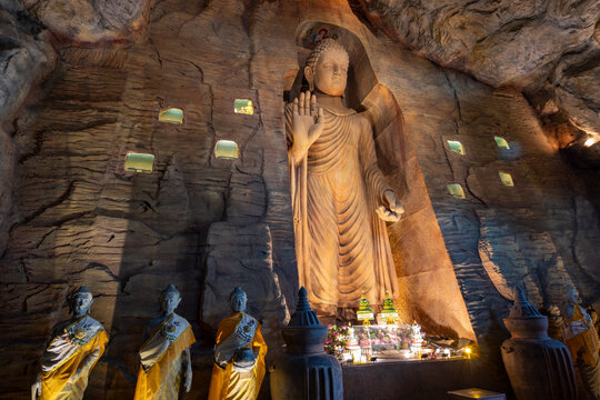 Replica Bamiyan Buddha image in specially built cave museum, Wat Saket, Bangkok, Thailand