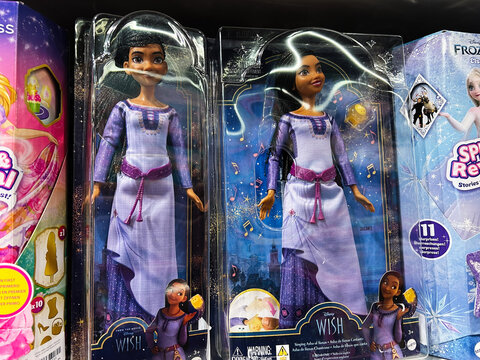Lviv, Ukraine - February 16, 2025: Packaged dolls from popular animated movie displayed on store shelves