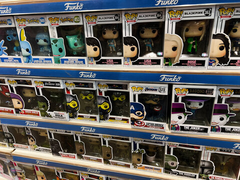 Lviv, Ukraine - February 16, 2025: Assorted Funko Pop Vinyl Figures Displayed on Store Shelves