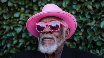 Senior man in pink hat and sunglasses outdoors