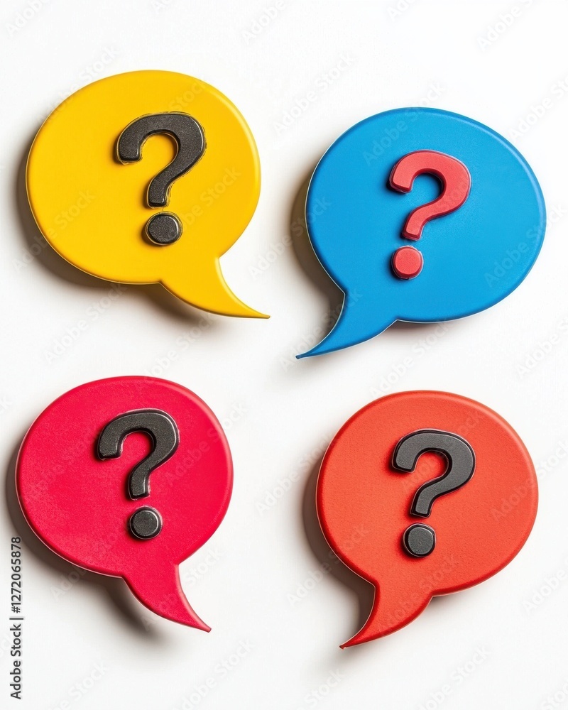 Poster colorful speech bubbles with question marks on a white background for communication and inquiry conc