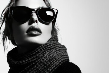 Stylish woman in sunglasses and scarf posing in monochrome fashion portrait art photography