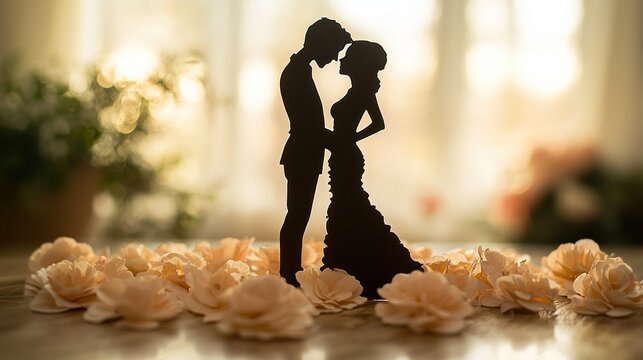 Silhouette wedding couple figurine,  standing on flowers,  sunlit window background.  Possible use Wedding invitation, stationary design, advertising