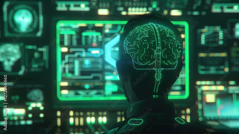 Poster futuristic brain-computer interface with glowing circuitry for technological innovation