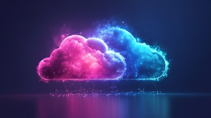 Vibrant digital cloudscape with neon colors and abstract network connections