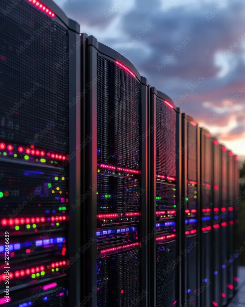 Poster colorful led lights on server racks in data center at dusk showcasing technology and innovation in c