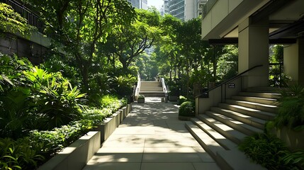 Sunlit Pathway Through Urban Greenery