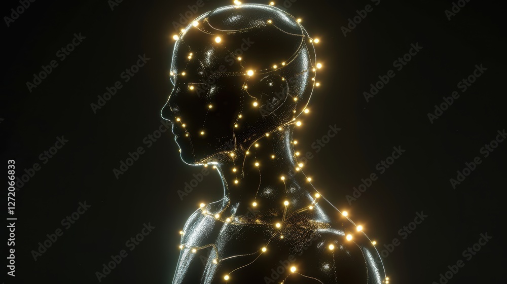 Poster hybrid ai human model with glowing neural pathways and holographic projections for advanced computin