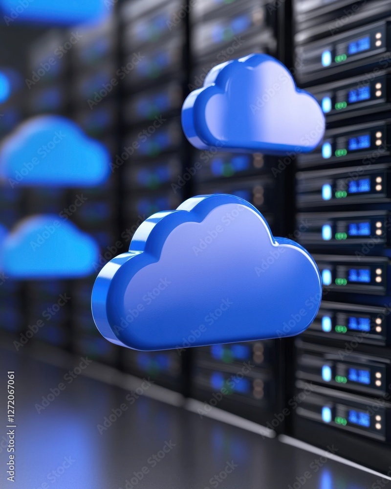 Aufkleber modern data center with 3d blue cloud icons representing cloud computing and storage solutions
