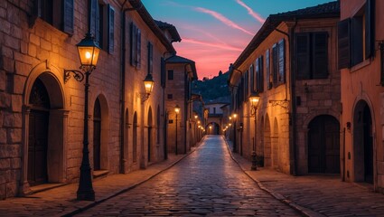 Obraz premium Cobblestone street illuminated by vintage lamps at dusk in a picturesque town surrounded by hills