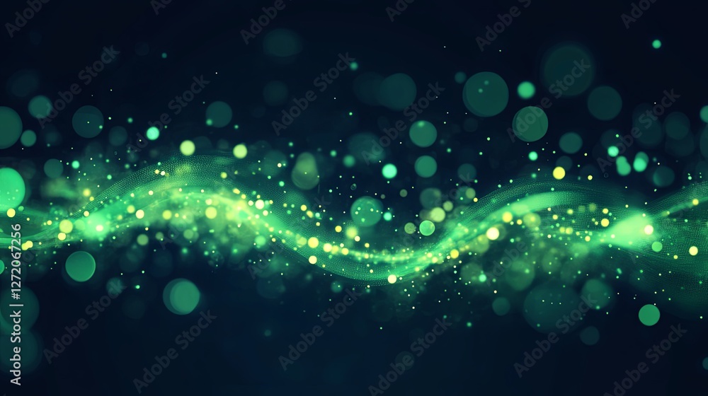 Poster abstract green wave with glowing particles and bokeh effect