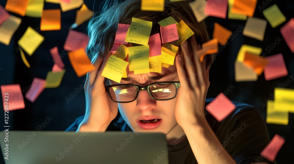 Poster stressed worker, surrounded by colorful sticky notes, struggles with multitasking and time managemen