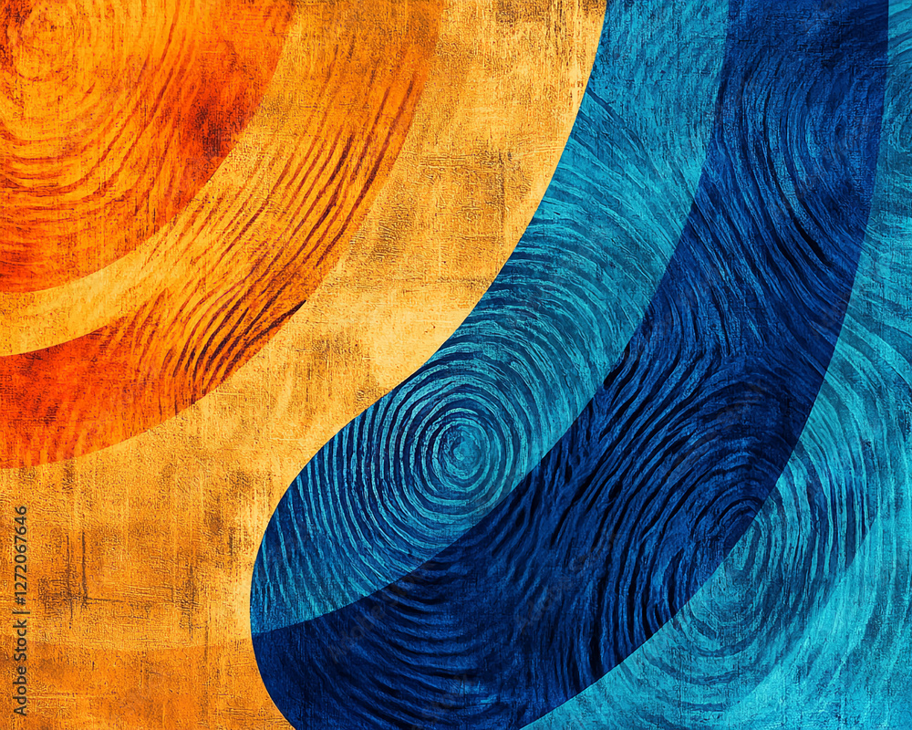 Poster abstract fingerprint patterns in orange and blue tones on a textured background, symbolizing identit