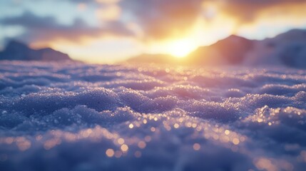 Snowy landscape at sunset, close-up of textured snow, mountains in background