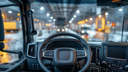 Obraz premium Close up of a minimalist truck dashboard and steering wheel with a softly blurred background