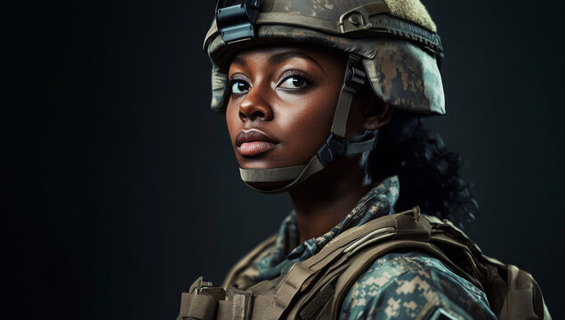 Young black woman wearing military uniform including camouflage fatigues and a helmet. She is ready for war to protect and serve her country.