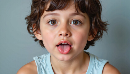 Playful child sticking out tongue with sparkling eyes, joy of childhood