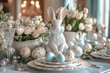 Easter bunny and easter eggs on white table, serving of Easter table