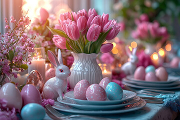 Easter bunny and easter eggs on white table, serving of Easter table
