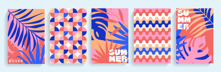 Set of modern tropical themed summer bright covers.Tropical leaves,jungle collection, simple geometric patterns.Template for design,print.Vertical banners, flyers for social media,web,ads,promo.Vector © tandav