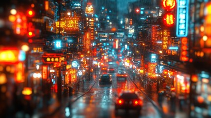 Obraz premium Futuristic Neon City Street Night Rain