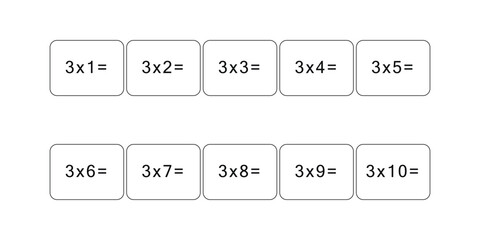 Multiplication and division table of 3. Maths card with an example, drawing. Multiplication Square, vector illustration. Printed products, banner, table for children, schoolchildren. School education.