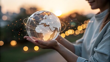 Global Connectivity: Woman Holding Transparent Earth Sphere