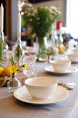 Tables set for an event party or wedding reception. luxury elegant table setting dinner in a restaurant.