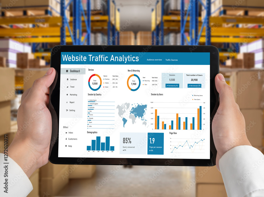 Poster computer software for website traffic analytics data on computer screen. concept of seo search engin