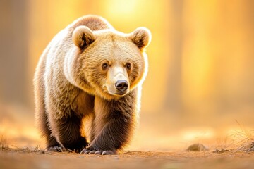 Fototapeta premium Majestic brown bear walks through misty forest at dawn, illuminated by soft golden morning light creating a moody atmosphere
