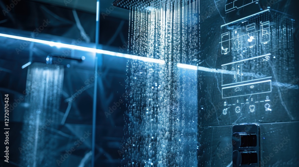 Poster smart shower system in luxurious bathroom: water usage and temperature control display for modern li