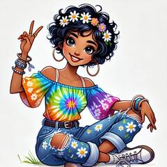 Hippie girl with short curly black hair, wearing a colorful off-shoulder top and floral ripped jeans, making a peace hand sign