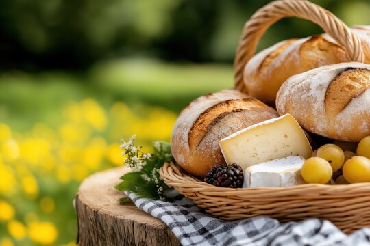 Rustic outdoor picnic setup featuring a wooden table with fresh baguettes, cheese, and fruit in a serene garden setting