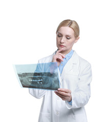 Doctor examining x-ray image on white background