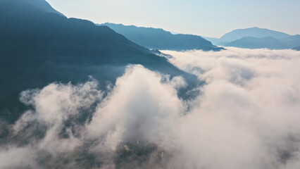 Aerial photography of beautiful countryside with morning mist and sea of clouds