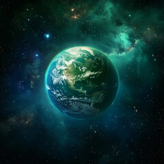 Fototapeta premium Earth viewed from space with green aurora and stars
