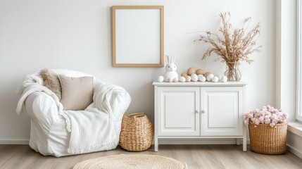 Fototapeta premium Modern living room features Easter decor with pastel-colored walls, eggs, and spring flowers to celebrate the season in style