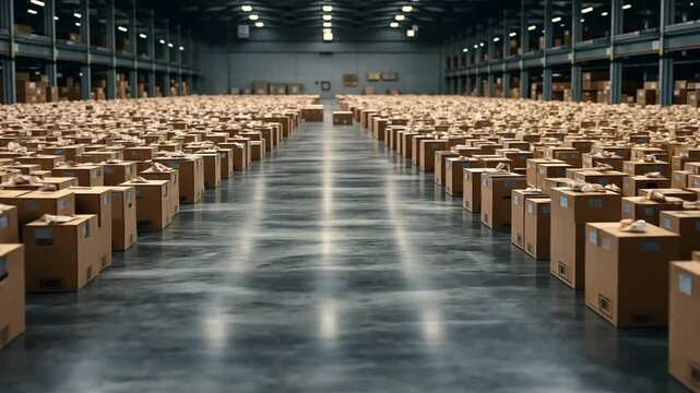 Rows of cardboard boxes fill a spacious warehouse, creating a structured arrangement that reflects an efficient storage system. Daylight illuminates the vast area