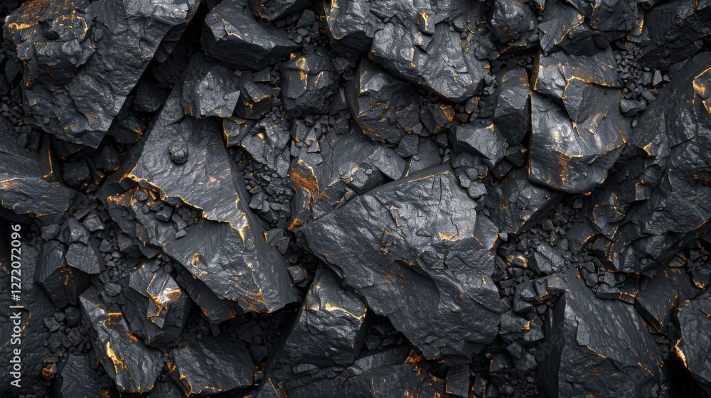 Poster rugged volcanic rock formations present a striking texture with dark surfaces and bright mineral pat