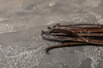 Vanilla pods on a textured background. Vanilla flowers and seeds. vanilla stick bean. Aromatic spicy spice for pastries and desserts. Seasoning. Space for text. Copy Space