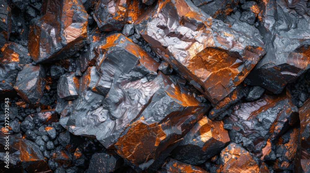 Aufkleber natural minerals with dark tones and striking orange highlights are closely packed together, showcas
