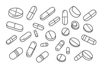 Single one line drawing set of pills and capsules isometric icon. painkillers, antibiotics, vitamins and aspirin.